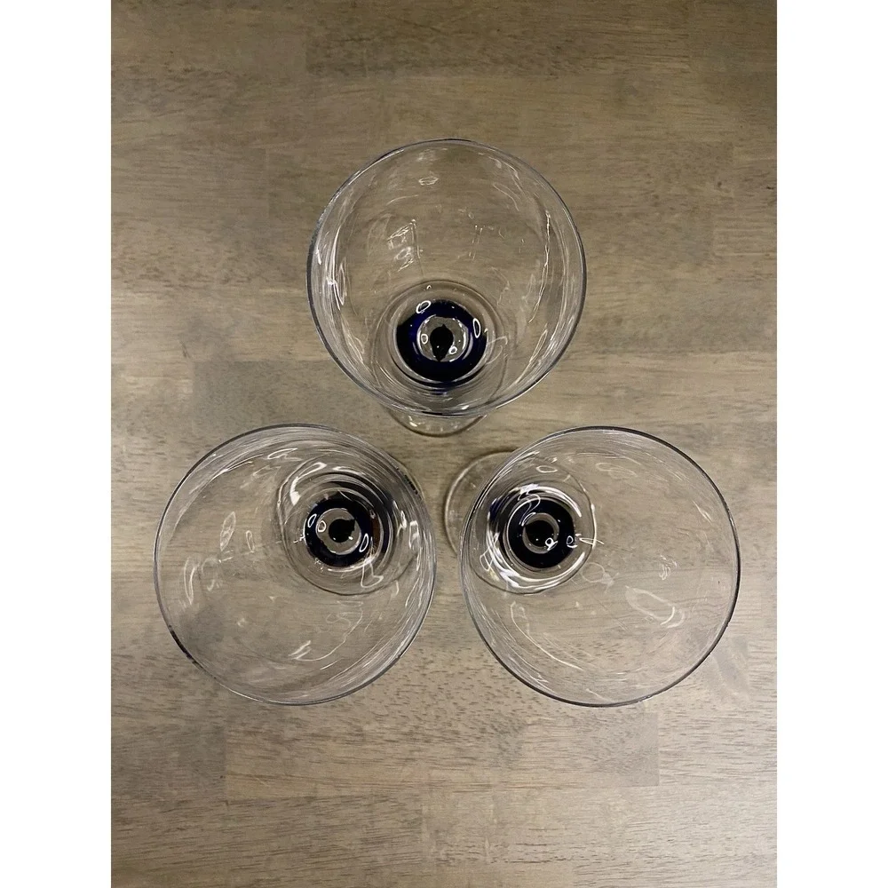 3 PIER 1 Hand-Blown Clear Water Wine Glasses Blue Tear Drop Stem Accent 8 5/8